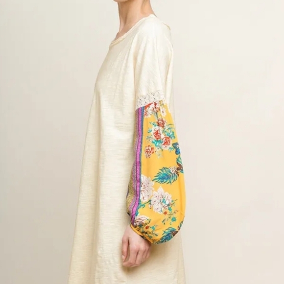 Umgee Dress Medium Cream With Tropical Floral Puff Sleeves 100% Cotton Boho - Picture 3 of 12
